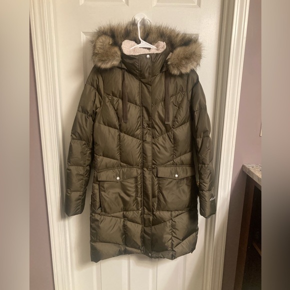 Eddie Bauer | NWT  Down Parka Olive Zip & Snap Closure Small - Picture 3 of 8